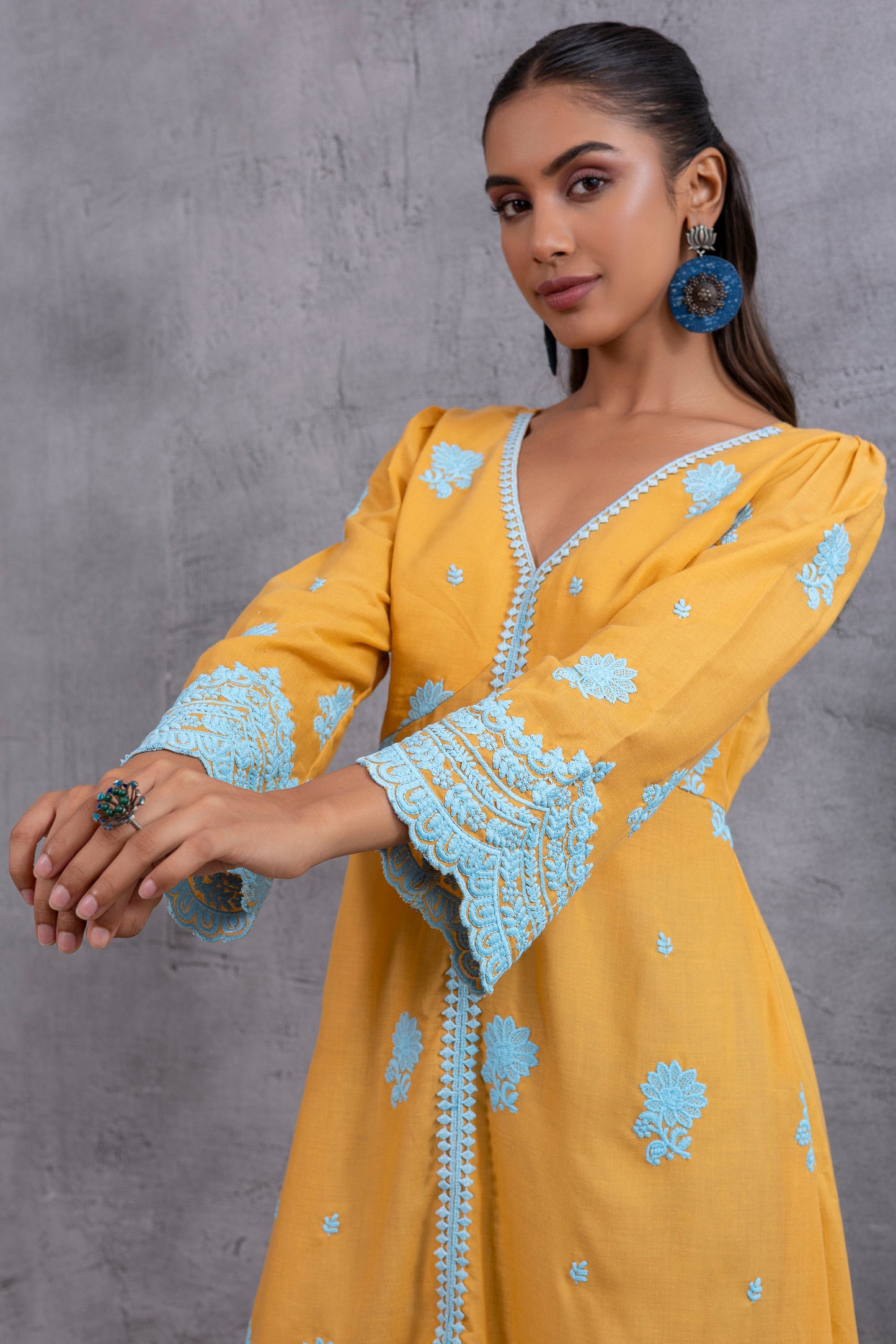 Honey Blue Floral Embroidered Kurta Set
