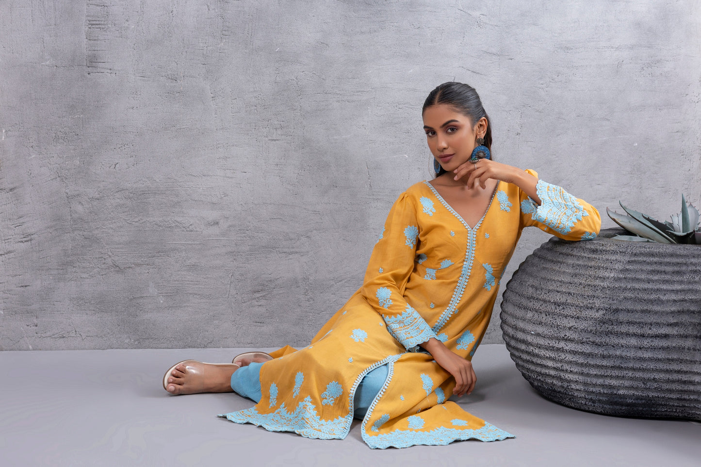 Honey Blue Floral Embroidered Kurta Set