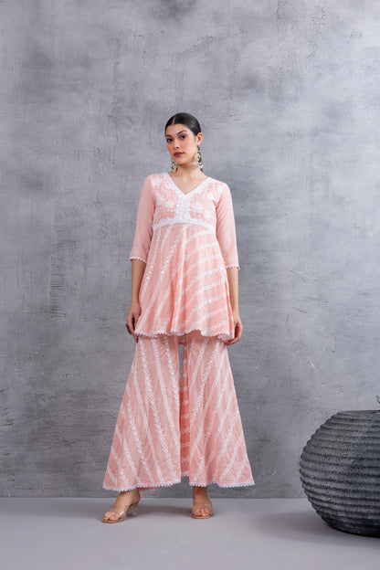 Peach Floral Embroidered Bias Cut Kurta set