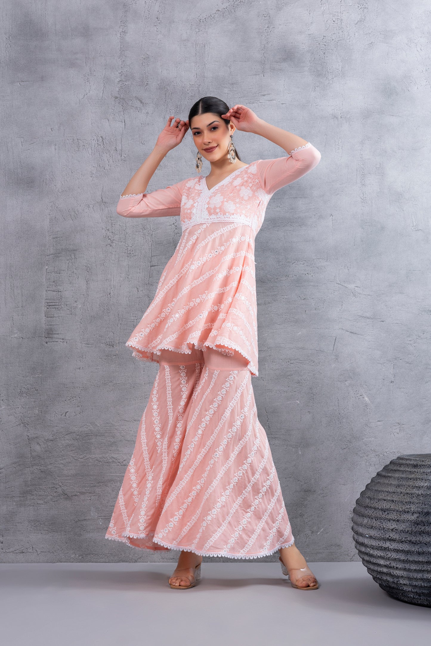Peach Floral Embroidered Bias Cut Kurta set