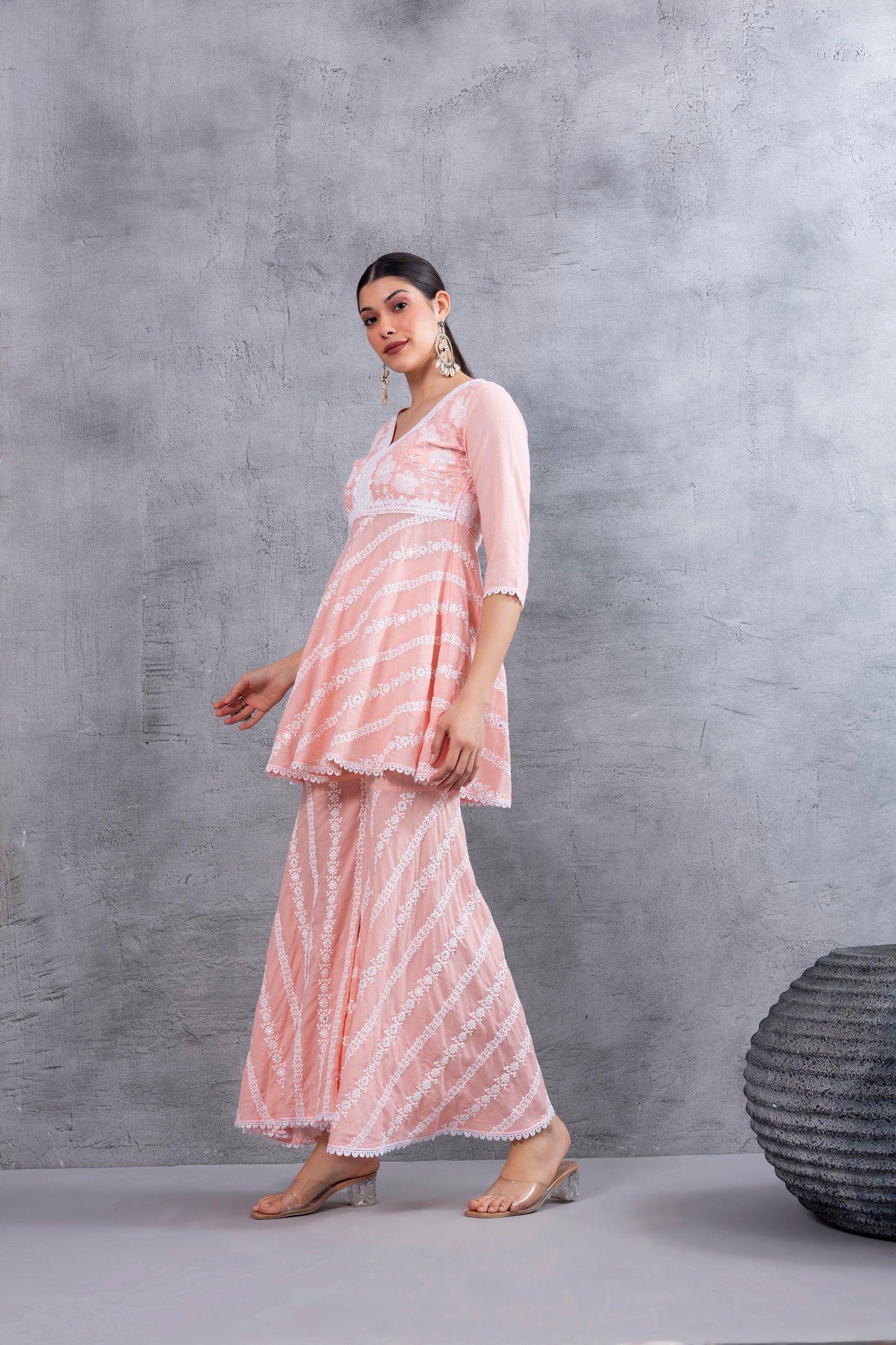 Peach Floral Embroidered Bias Cut Kurta set