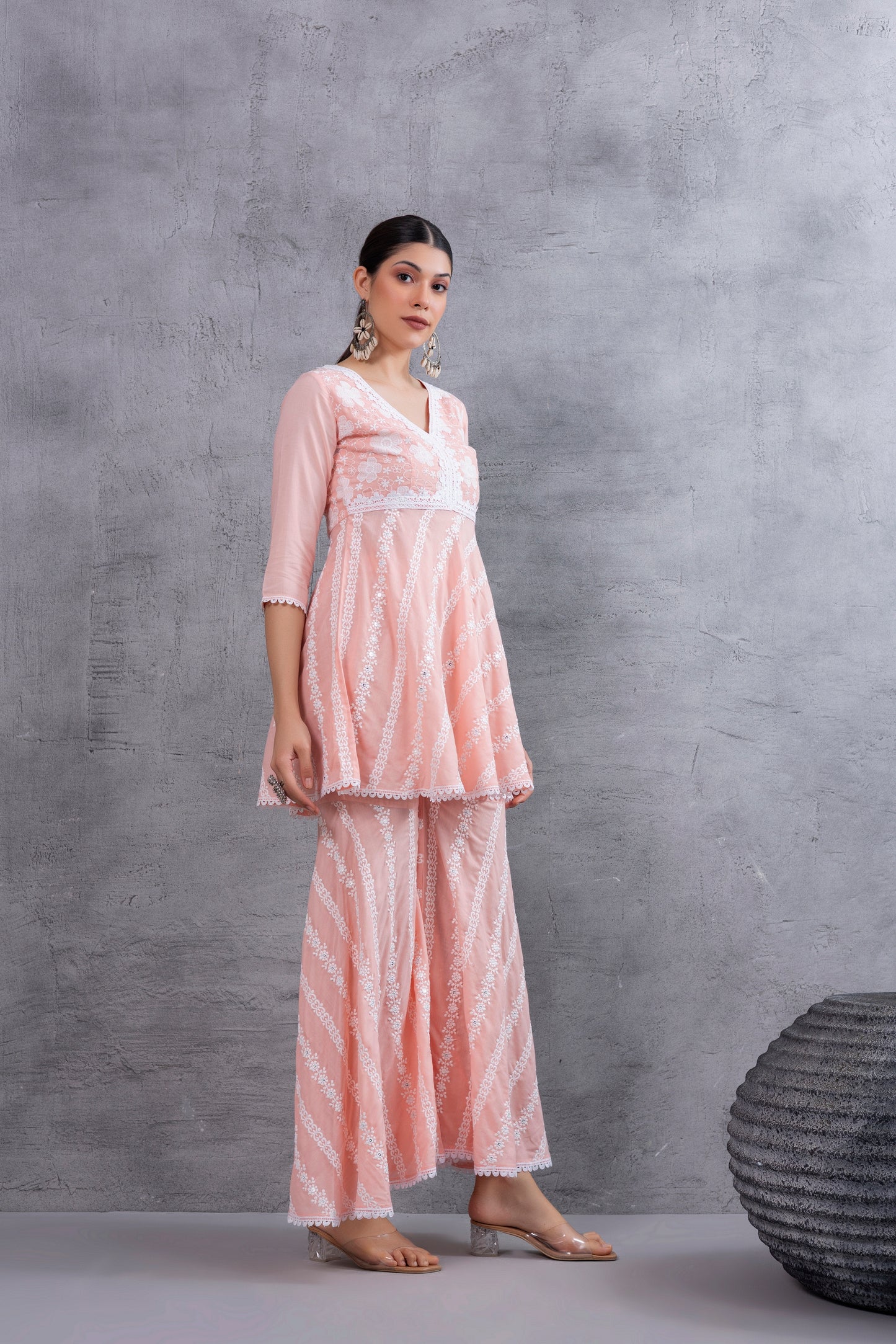 Peach Floral Embroidered Bias Cut Kurta set