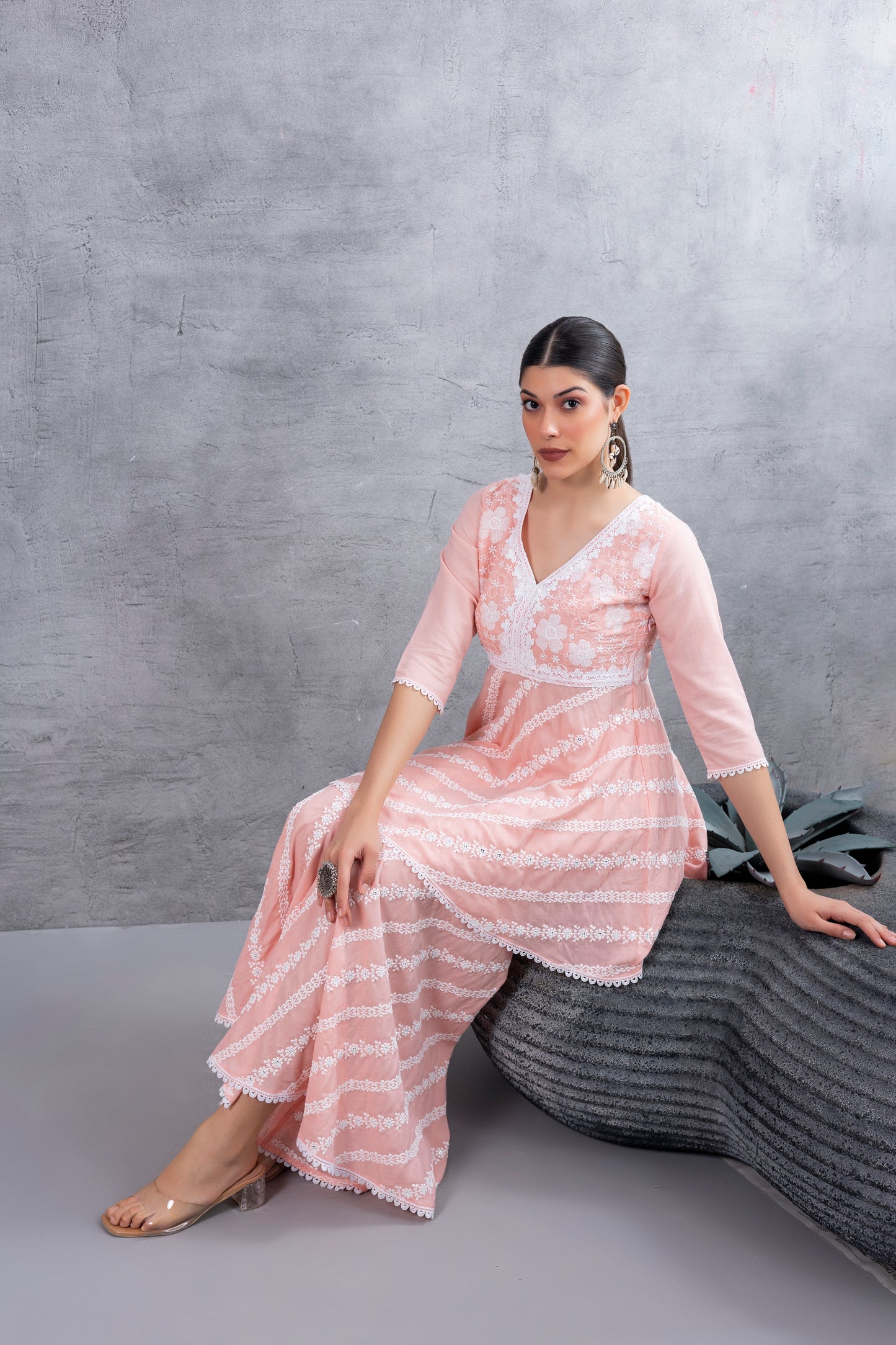 Peach Floral Embroidered Bias Cut Kurta set