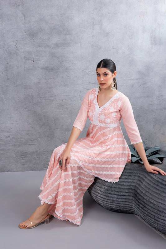 Peach Floral Embroidered Bias Cut Kurta set