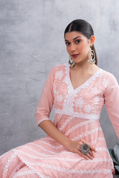Peach Floral Embroidered Bias Cut Kurta set