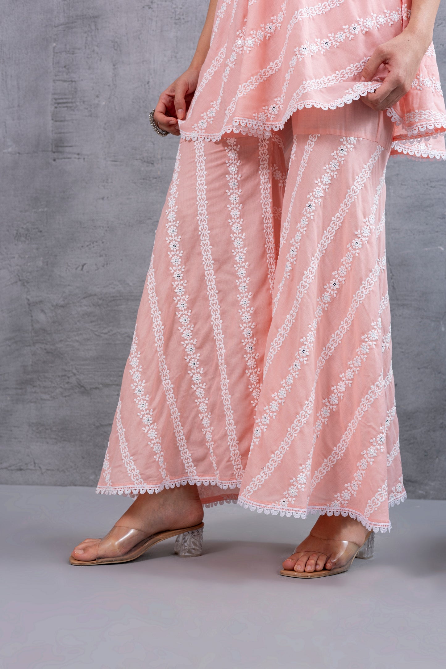 Peach Floral Embroidered Bias Cut Kurta set