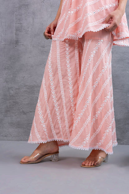 Peach Floral Embroidered Bias Cut Kurta set