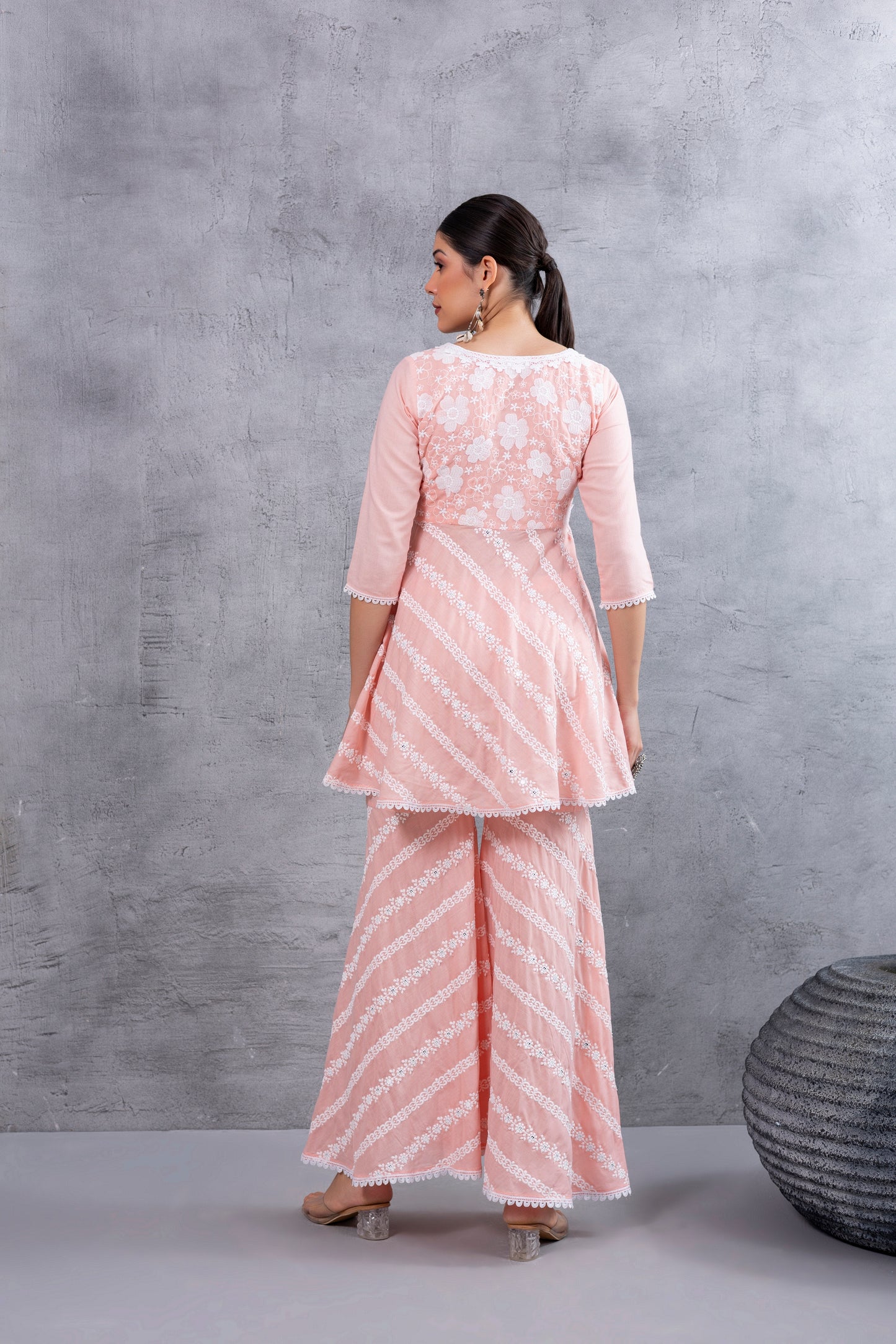 Peach Floral Embroidered Bias Cut Kurta set