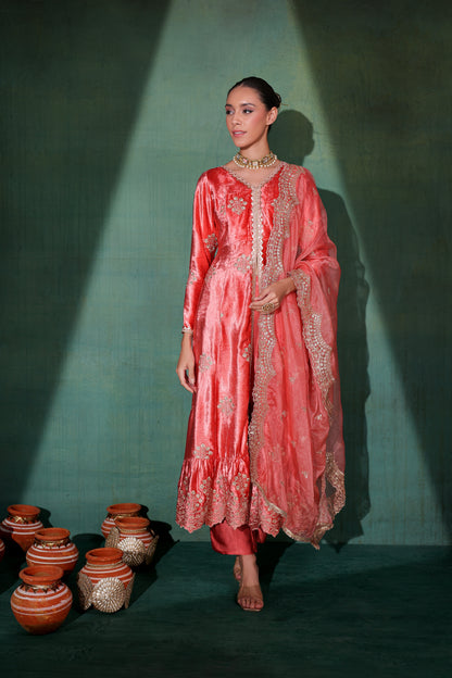 Rouge Pink velvet Suit Set with Organza Dupatta