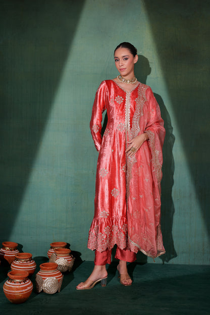 Rouge Pink velvet Suit Set with Organza Dupatta