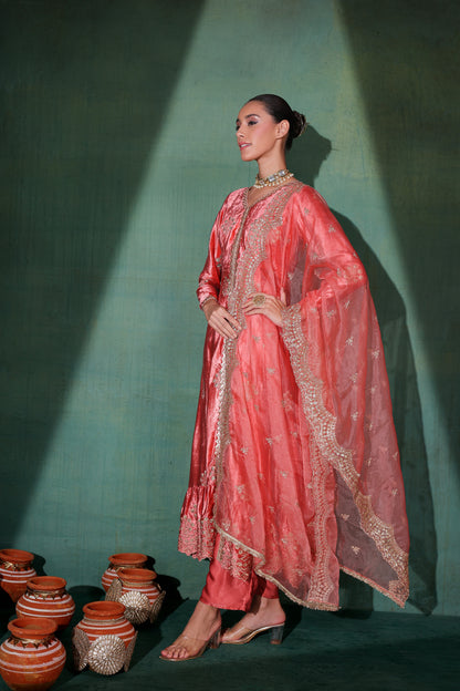 Rouge Pink velvet Suit Set with Organza Dupatta