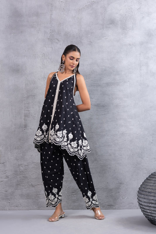 BLACK AND WHITE HALTER EMBROIDERED FARSHI SALWAR SET