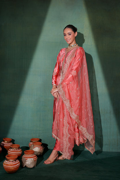 Rouge Pink velvet Suit Set with Organza Dupatta