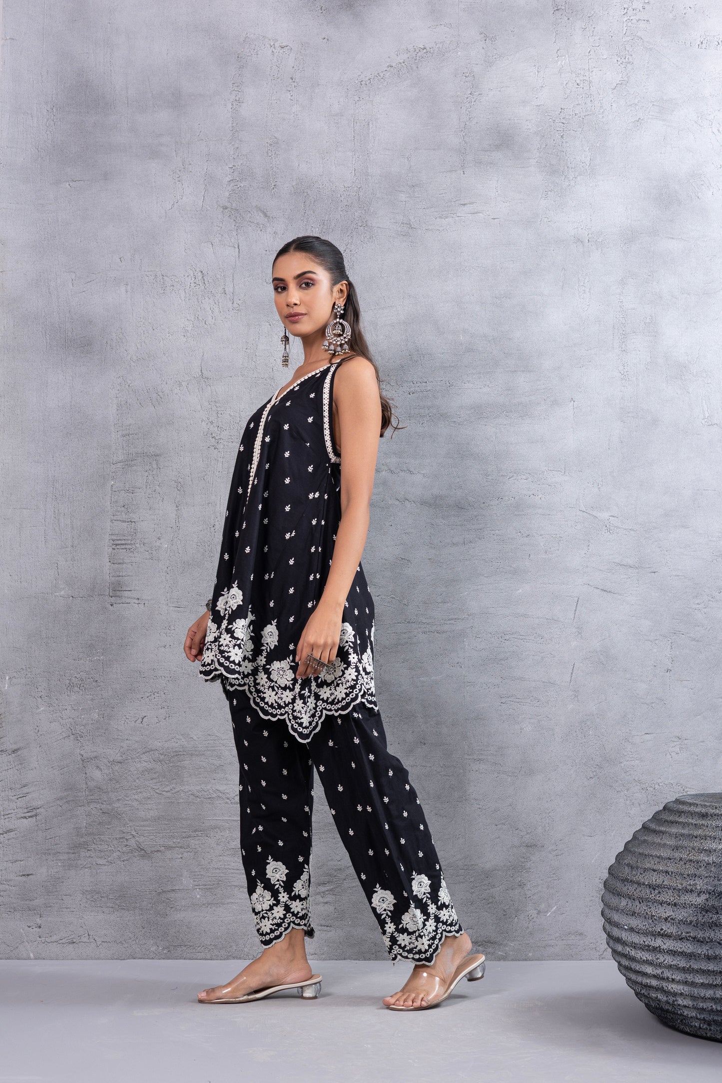 BLACK AND WHITE HALTER EMBROIDERED FARSHI SALWAR SET