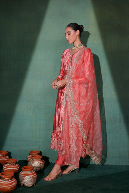 Rouge Pink velvet Suit Set with Organza Dupatta