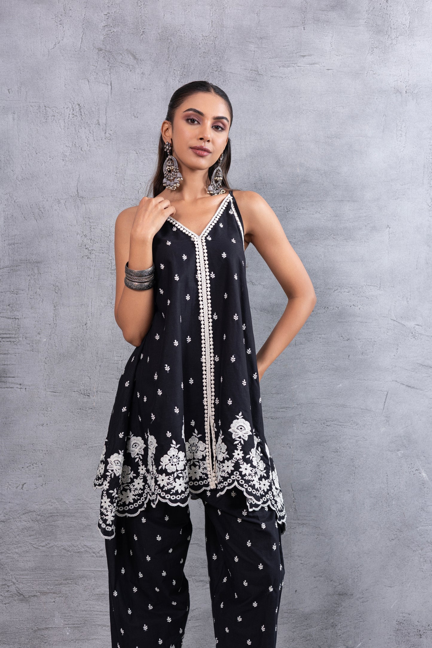 BLACK AND WHITE HALTER EMBROIDERED FARSHI SALWAR SET