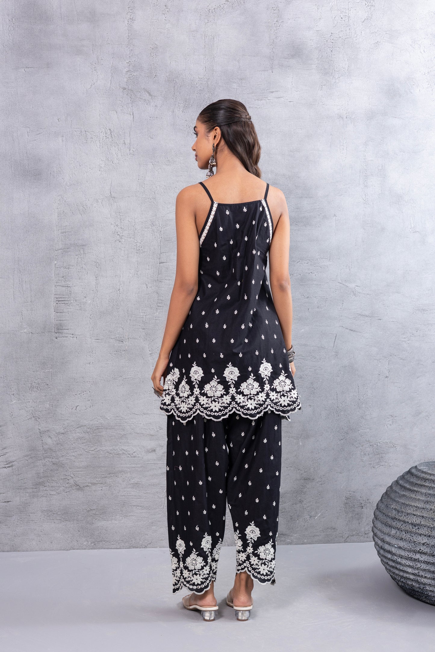 BLACK AND WHITE HALTER EMBROIDERED FARSHI SALWAR SET