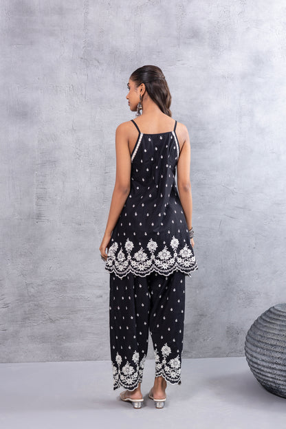 BLACK AND WHITE HALTER EMBROIDERED FARSHI SALWAR SET