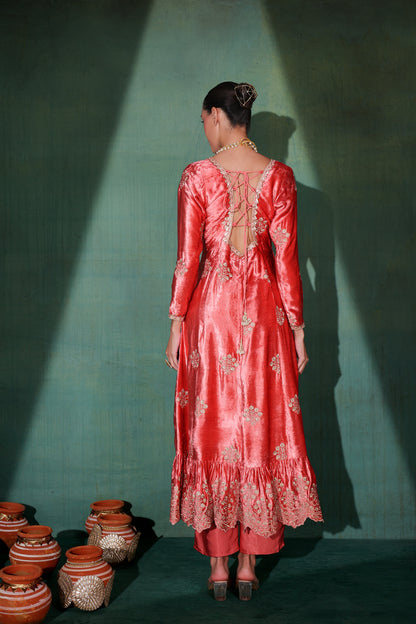 Rouge Pink velvet Suit Set with Organza Dupatta