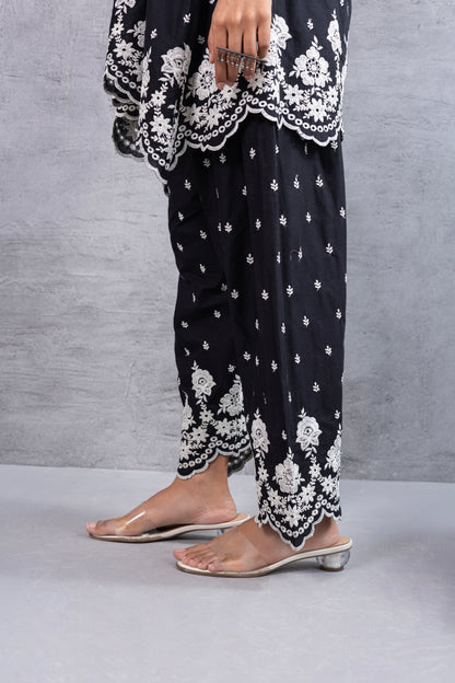BLACK AND WHITE HALTER EMBROIDERED FARSHI SALWAR SET
