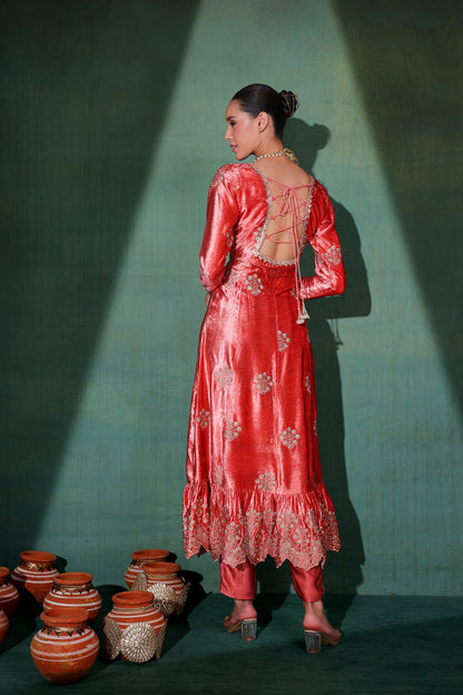 Rouge Pink velvet Suit Set with Organza Dupatta