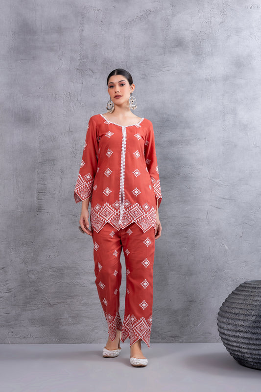 Rust White Embroidered Kurta Set