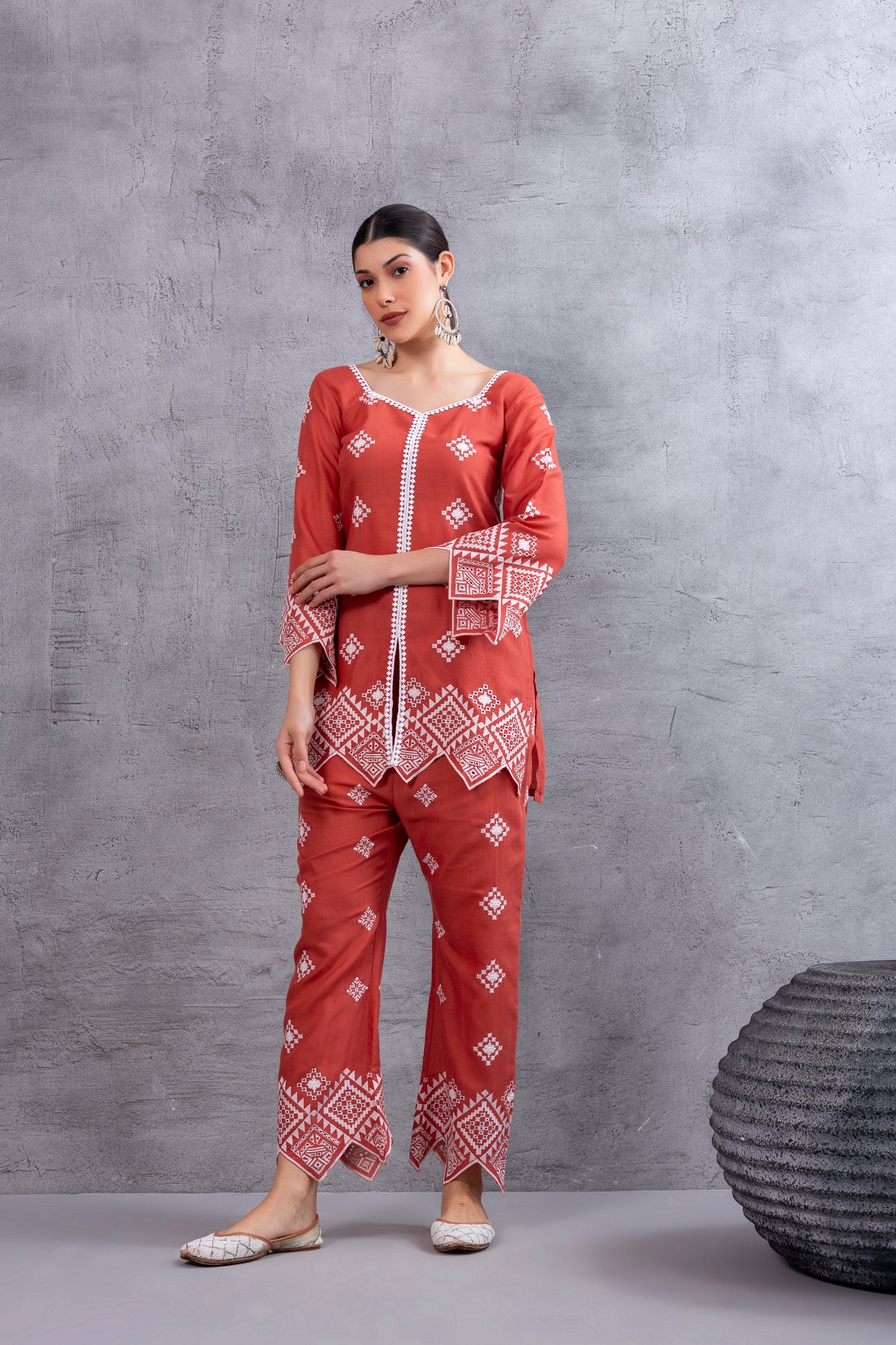 Rust White Embroidered Kurta Set