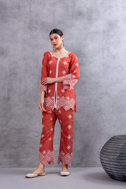 Rust White Embroidered Kurta Set