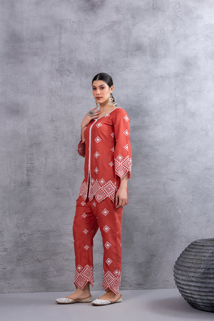 Rust White Embroidered Kurta Set