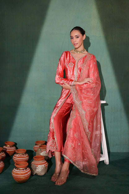 Rouge Pink velvet Suit Set with Organza Dupatta