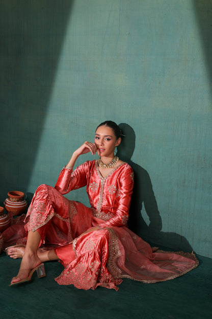 Rouge Pink velvet Suit Set with Organza Dupatta