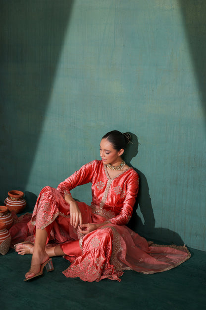 Rouge Pink velvet Suit Set with Organza Dupatta