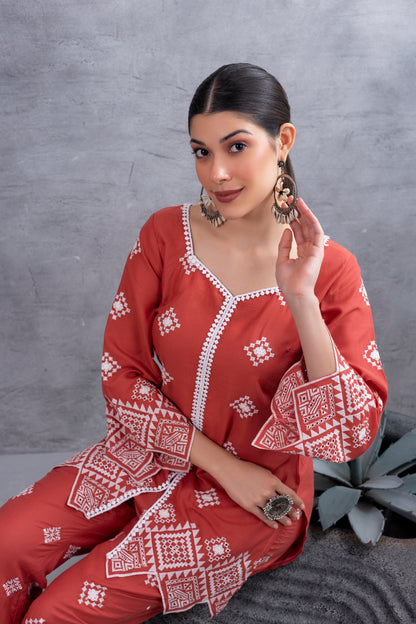 Rust White Embroidered Kurta Set
