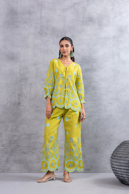 Lime And Blue Embroidered Top