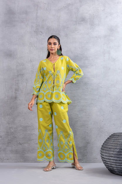 LIME AND BLUE FLORAL EMBROIDERED CO-ORD SET