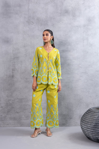 Lime And Blue Embroidered Top