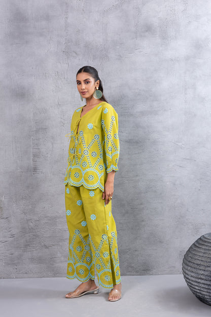LIME AND BLUE FLORAL EMBROIDERED CO-ORD SET