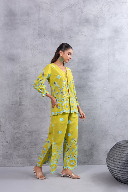 LIME AND BLUE FLORAL EMBROIDERED CO-ORD SET