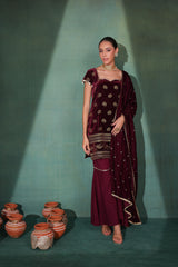 WINE GOLD EMBROIDERED SUIT SET WITH VELVET SHAWL DUPATTA