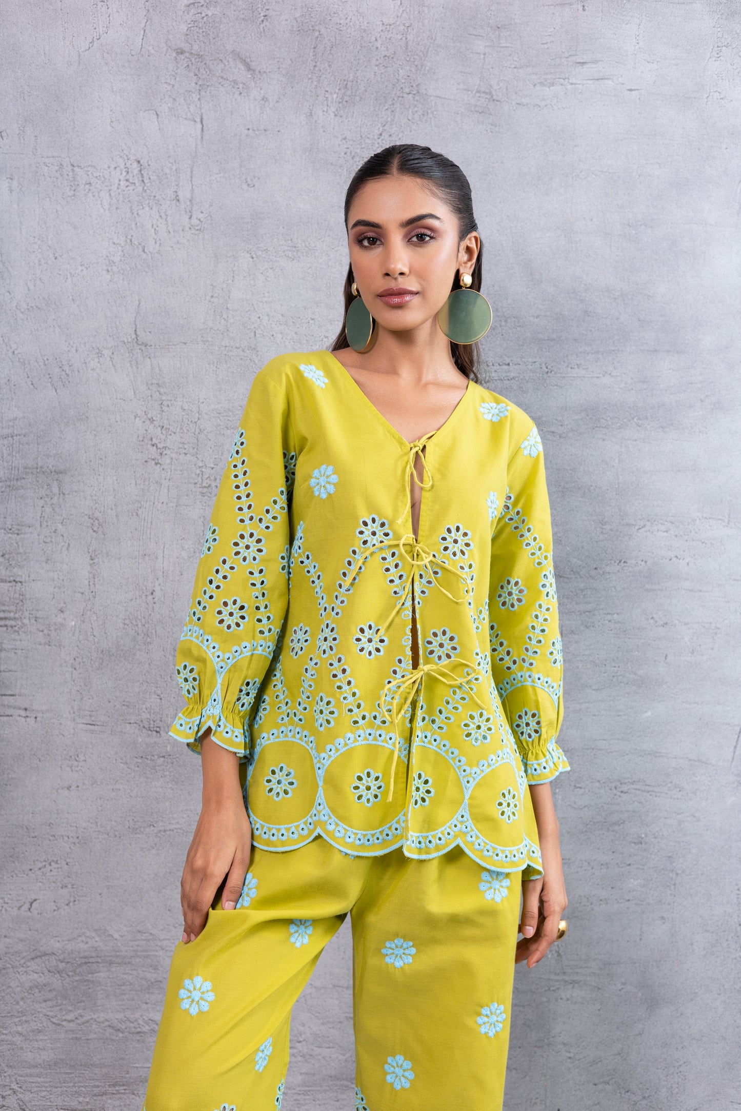 Lime And Blue Embroidered Top