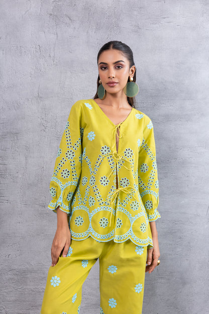 Lime And Blue Embroidered Top