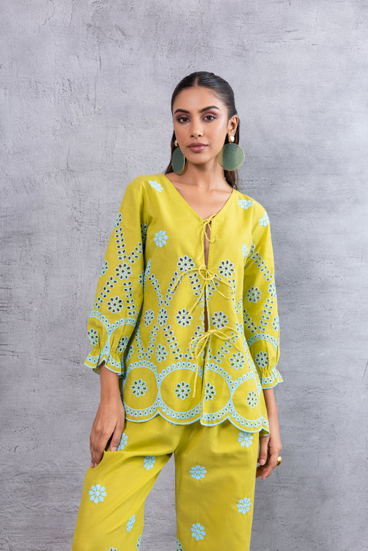 Lime And Blue Embroidered Top