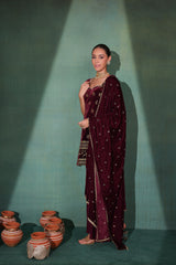 WINE GOLD EMBROIDERED SUIT SET WITH VELVET SHAWL DUPATTA