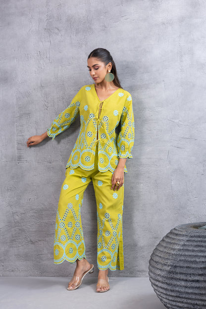 Lime And Blue Embroidered Top