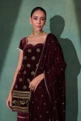 WINE GOLD EMBROIDERED SUIT SET WITH VELVET SHAWL DUPATTA