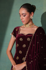 WINE GOLD EMBROIDERED SUIT SET WITH VELVET SHAWL DUPATTA