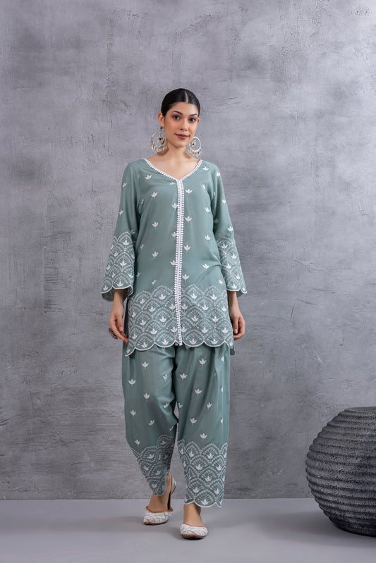 TEAL GREEN FLORAL EMBROIDERED SALWAR SET