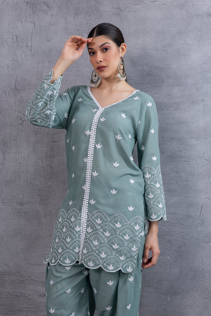 TEAL GREEN FLORAL EMBROIDERED SALWAR SET