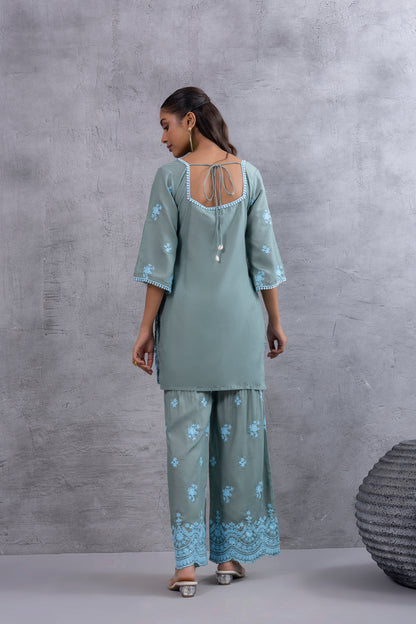 DUSTY BASIL GREEN BLUE EMBROIDERED SUIT SET