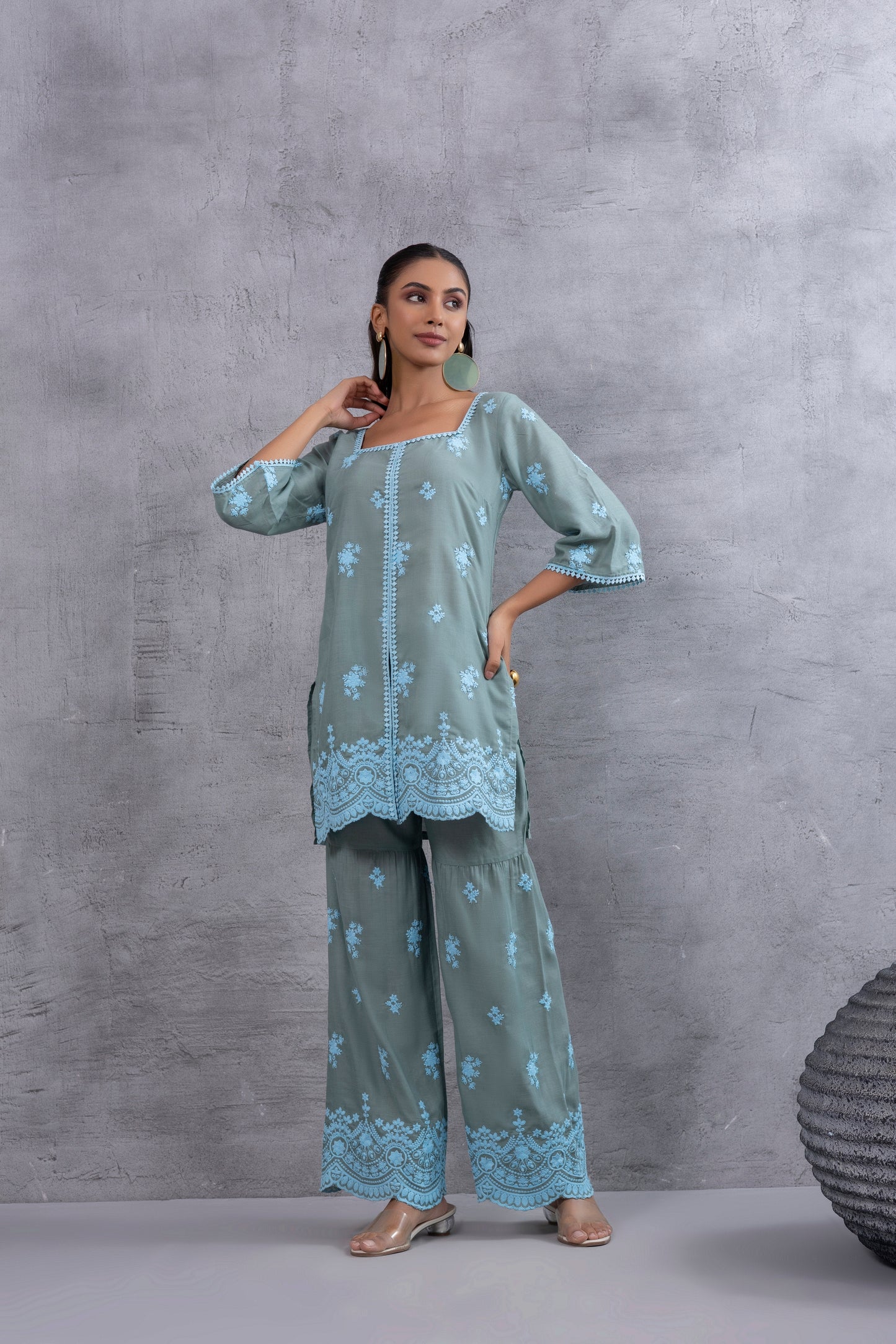 DUSTY BASIL GREEN BLUE EMBROIDERED SUIT SET